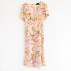 Kooples  Antique Pink Floral 100% Silk Puff Sleeve Button Down Slip Midi Dress